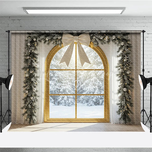 Lofaris Christmas Window Photography Backdrop with Snowy View Elegant White Bow and Flocked Garland Winter Photo Background