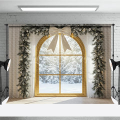 Lofaris Christmas Window Photography Backdrop with Snowy View Elegant White Bow and Flocked Garland Winter Photo Background