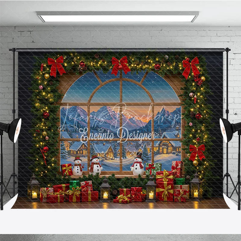 Lofaris Christmas Window Photography Backdrop with Snowy Village View Snowmen and Garland Holiday Photo Background