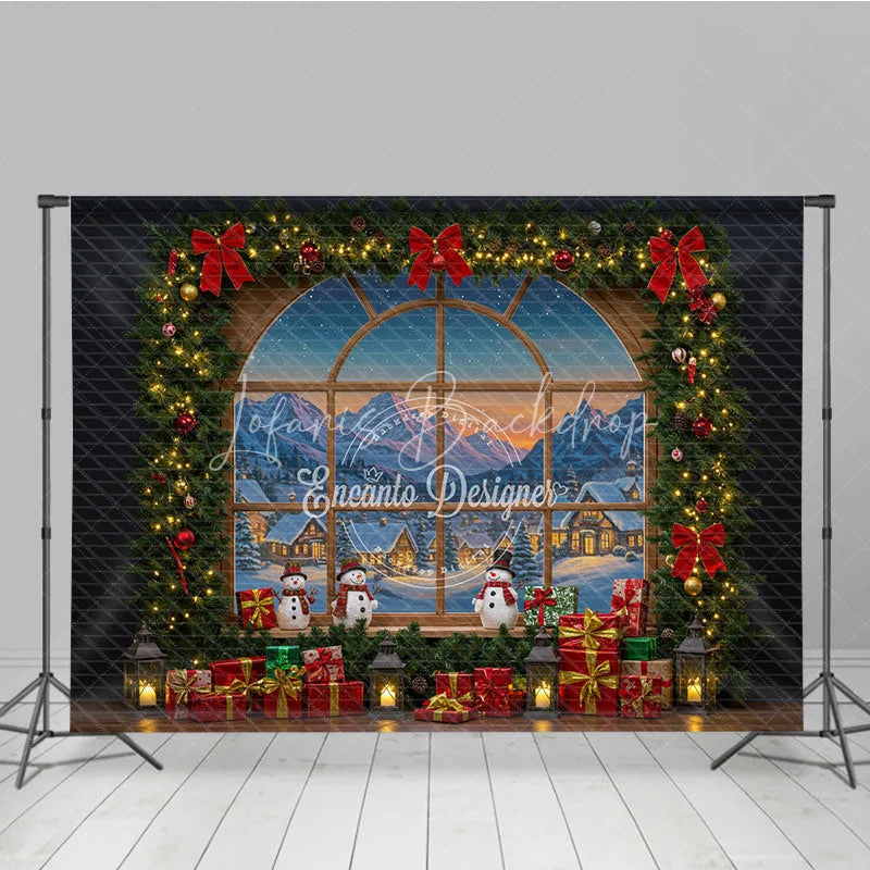 Lofaris Christmas Window Photography Backdrop with Snowy Village View Snowmen and Garland Holiday Photo Background