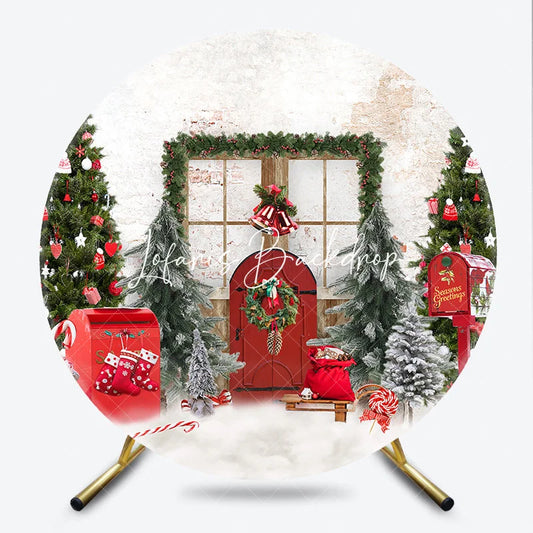Lofaris Christmas Winter Wonderland Round Backdrop Decorated Trees Red Door and Snow Festive Holiday Party Decor
