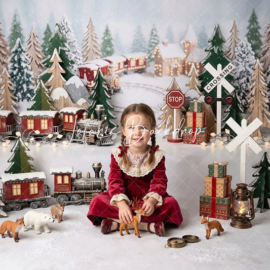 Lofaris Christmas Winter Wonderland Train Combo Set Backdrop Festive Snowy Village Holiday Party Decor