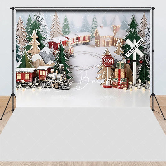 Lofaris Christmas Winter Wonderland Train Combo Set Backdrop Festive Snowy Village Holiday Party Decor