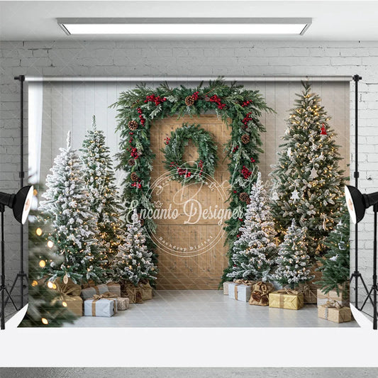 Lofaris Christmas Wood Door Photography Backdrop Flocked Trees with Red Berry Garland Rustic Holiday Mini Session Background