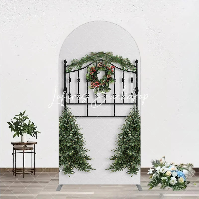 Lofaris Christmas Wreath Pine Garland Round Top Arch Backdrop Elegant Black Metal Festive Holiday Decor