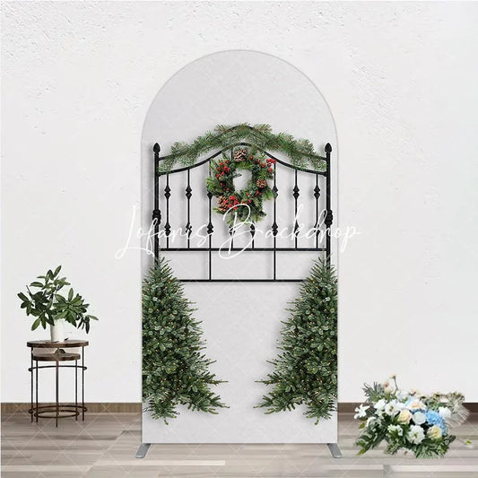 Lofaris Christmas Wreath Pine Garland Round Top Arch Backdrop Elegant Black Metal Festive Holiday Decor