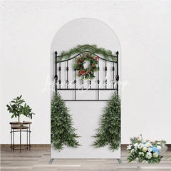 Lofaris Christmas Wreath Pine Garland Round Top Arch Backdrop Elegant Black Metal Festive Holiday Decor