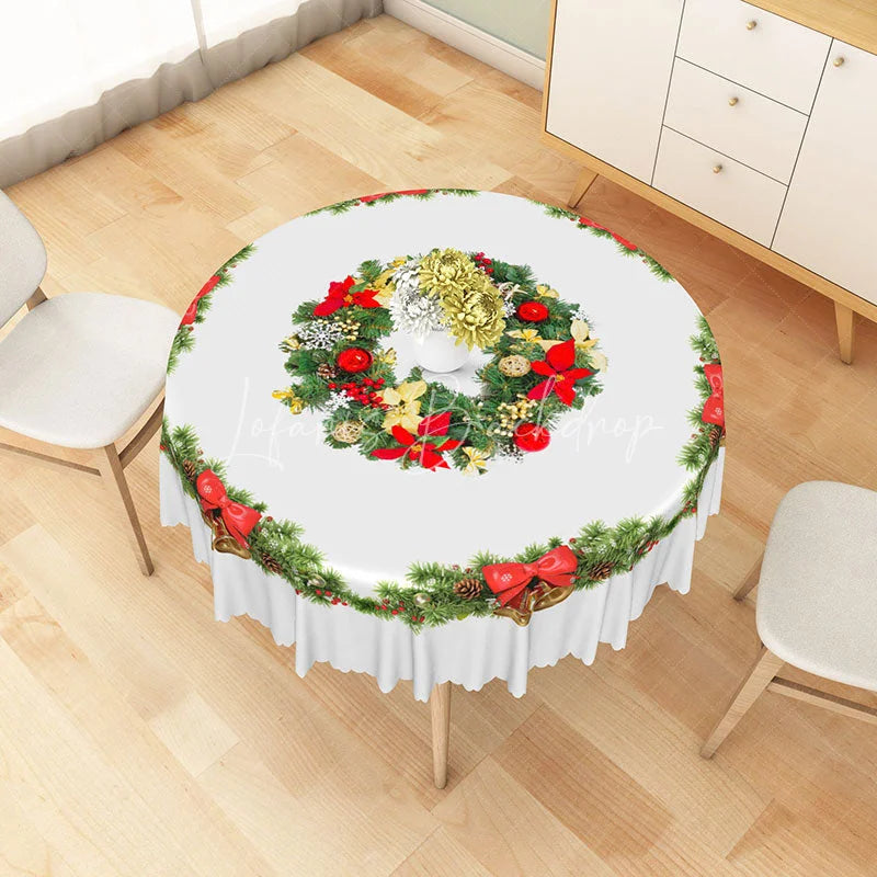 Lofaris Christmas Wreath Round Tablecloth with Red Bows and Bells Simple White Holiday Dining Table Decor