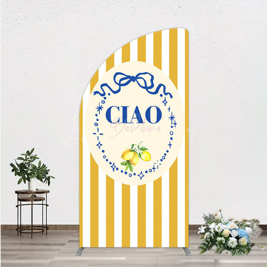 Lofaris Ciao Bambina Italian Themed Half Moon Arch Backdrop for Baby Shower Lemon and Blue Bow with Yellow Stripes Positano Decor