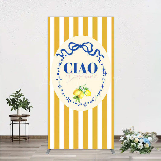 Lofaris Ciao Bambina Italian Themed Rectangle Backdrop for Baby Shower Lemon and Blue Bow with Yellow Stripes Positano Decor