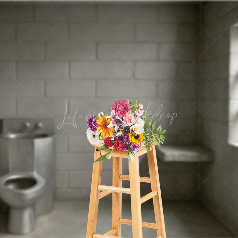 Lofaris Cinder Block Jail Cell Photography Backdrop Prison Room with Barred Window for Gritty Themed Photo Shoots