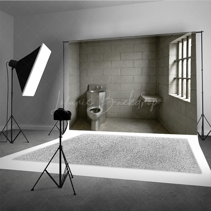 Lofaris Cinder Block Jail Cell Photography Backdrop Prison Room with Barred Window for Gritty Themed Photo Shoots