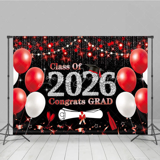 Lofaris Class of 2026 Graduation Backdrop Red and White Balloons Congrats Grad Diamond Text Photography Background