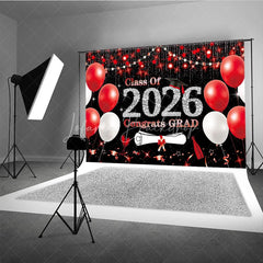 Lofaris Class of 2026 Graduation Backdrop Red and White Balloons Congrats Grad Diamond Text Photography Background
