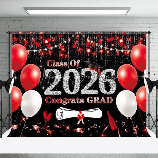 Lofaris Class of 2026 Graduation Backdrop Red and White Balloons Congrats Grad Diamond Text Photography Background