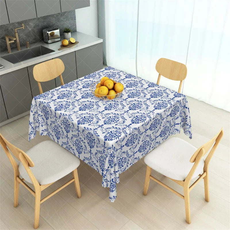 Lofaris Classic Blue Damask Floral Rectangle Tablecloth Baroque Pattern Table Cover for Elegant Dining