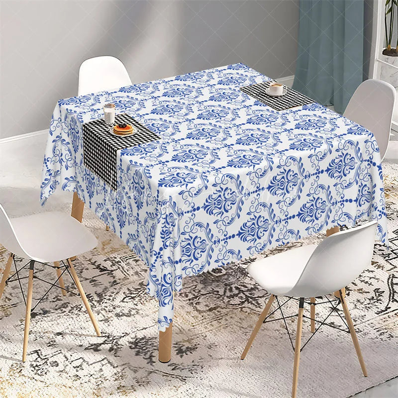 Lofaris Classic Blue Damask Floral Rectangle Tablecloth Baroque Pattern Table Cover for Elegant Dining