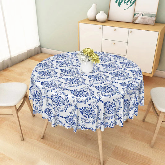 Lofaris Classic Blue Damask Floral Round Tablecloth Elegant Vintage Pattern for Wedding and Dining Room