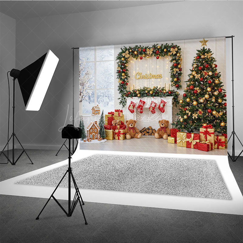 Lofaris Classic Christmas Fireplace Photography Backdrop Stockings Teddy Bears and Tree Holiday Photo Background