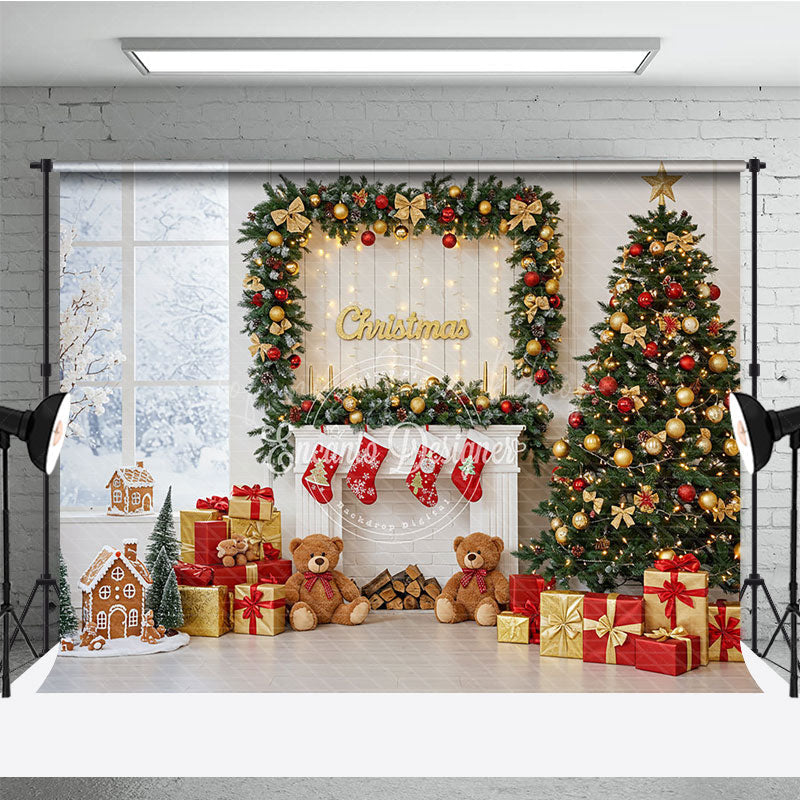 Lofaris Classic Christmas Fireplace Photography Backdrop Stockings Teddy Bears and Tree Holiday Photo Background