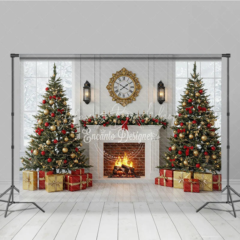 Lofaris Classic Christmas Fireplace Photography Backdrop White Mantle with Snowy Windows Holiday Mini Session Background