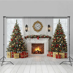 Lofaris Classic Christmas Fireplace Photography Backdrop White Mantle with Snowy Windows Holiday Mini Session Background