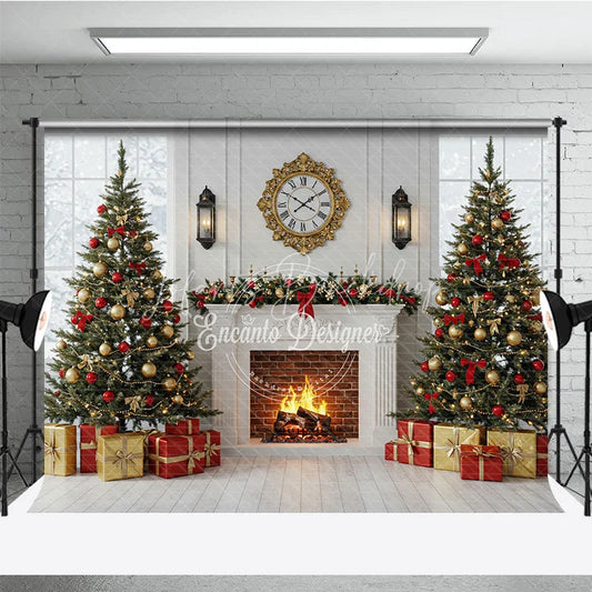 Lofaris Classic Christmas Fireplace Photography Backdrop White Mantle with Snowy Windows Holiday Mini Session Background