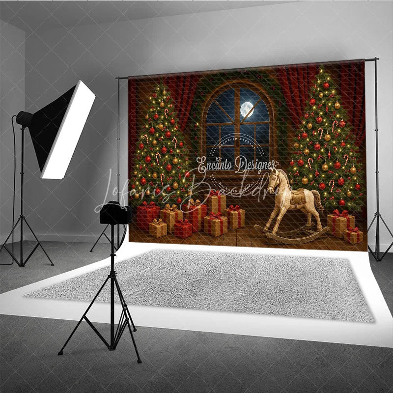 Lofaris Classic Christmas Toy Room Photography Backdrop Rocking Horse by the Full Moon Holiday Mini Session Background