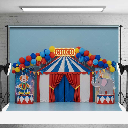 Lofaris Classic Circus Cake Smash Photography Backdrop Red Blue and Yellow Big Top Tent First Birthday Photo Prop for Boy
