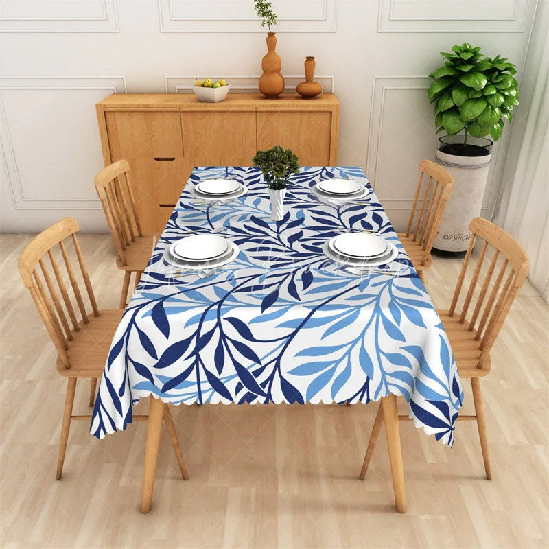 Lofaris Classic Dark and Light Blue Botanical Leaf Pattern Rectangle Tablecloth Elegant Dining Room Decor