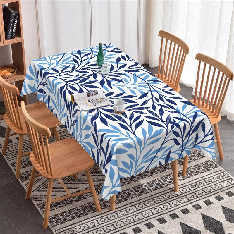 Lofaris Classic Dark and Light Blue Botanical Leaf Pattern Rectangle Tablecloth Elegant Dining Room Decor