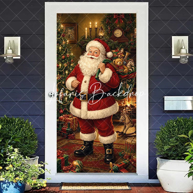 Lofaris Classic Jolly Santa Claus with Gifts and Christmas Tree Fireplace Door Cover Festive Winter Holiday Party Decor