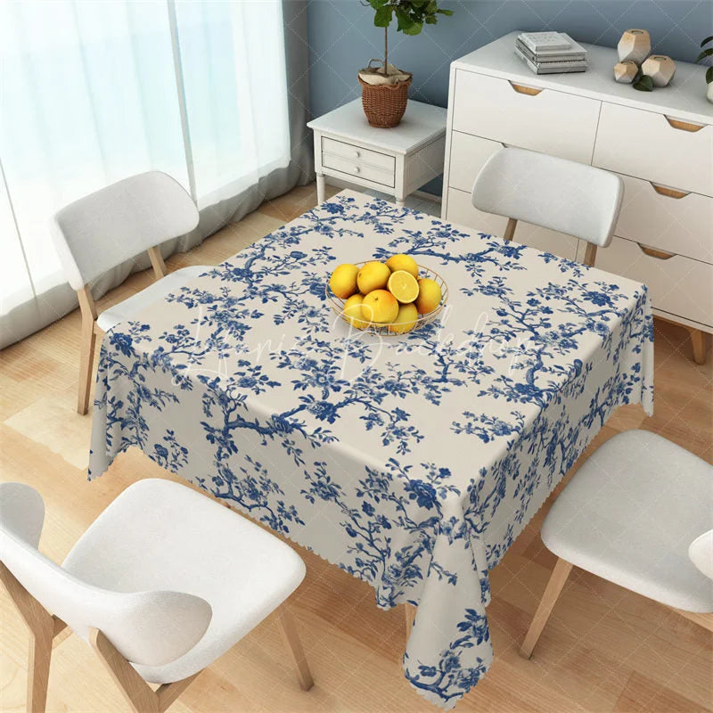 Lofaris Classic Navy Blue Toile Floral Rectangle Tablecloth Vintage Cream Branch Pattern Table Cover