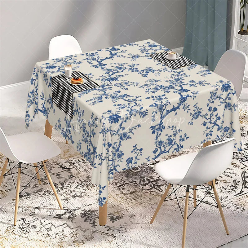 Lofaris Classic Navy Blue Toile Floral Rectangle Tablecloth Vintage Cream Branch Pattern Table Cover