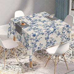 Lofaris Classic Navy Blue Toile Floral Rectangle Tablecloth Vintage Cream Branch Pattern Table Cover