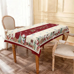 Lofaris Classic Red and Cream Christmas Santa Reindeer Rectangle Tablecloth Festive Holiday Party Decor with Snowmen Gifts.