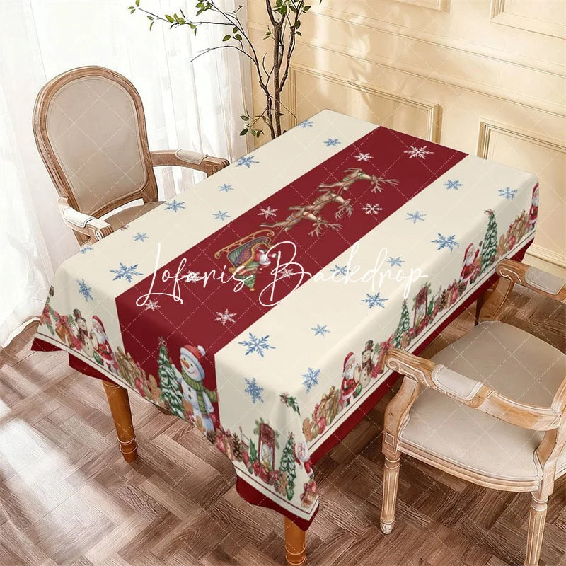 Lofaris Classic Red and Cream Christmas Santa Reindeer Rectangle Tablecloth Festive Holiday Party Decor with Snowmen Gifts.