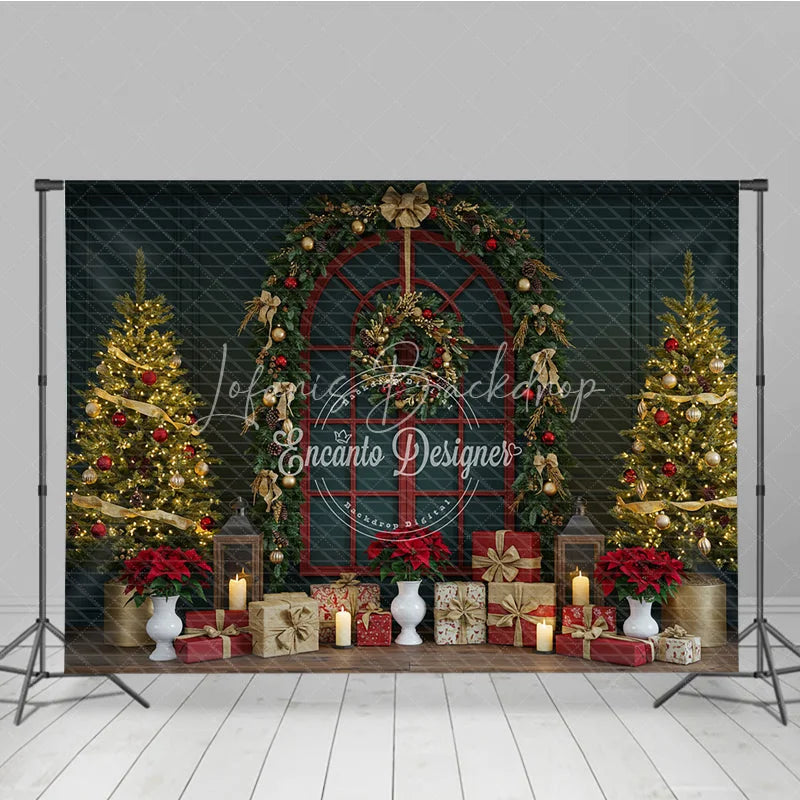 Lofaris Classic Red Christmas Window Photography Backdrop Poinsettia Garland with Trees Elegant Holiday Photo Background