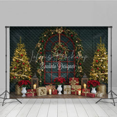 Lofaris Classic Red Christmas Window Photography Backdrop Poinsettia Garland with Trees Elegant Holiday Photo Background