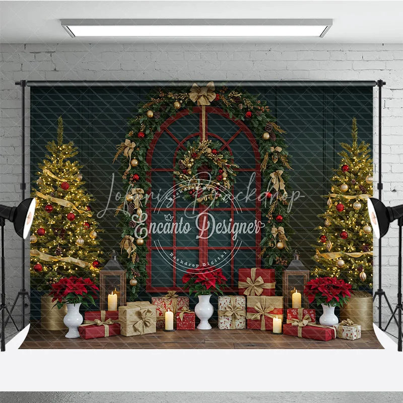 Lofaris Classic Red Christmas Window Photography Backdrop Poinsettia Garland with Trees Elegant Holiday Photo Background