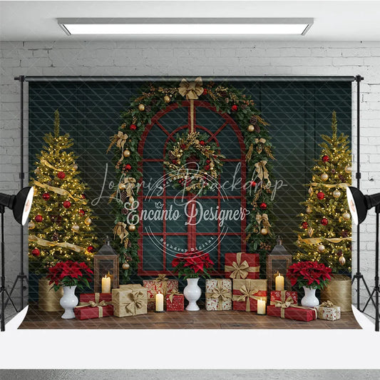 Lofaris Classic Red Christmas Window Photography Backdrop Poinsettia Garland with Trees Elegant Holiday Photo Background