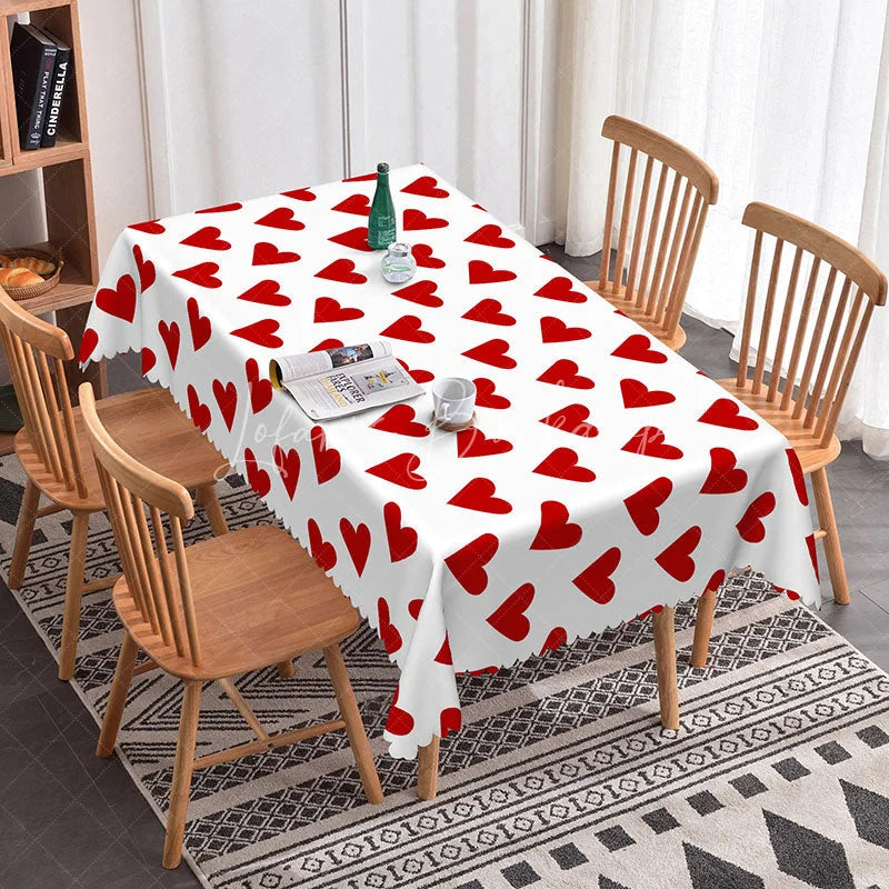 Lofaris Classic Red Heart Scatter Rectangle Tablecloth Bold Love Pattern on White Valentine Anniversary Party Decor