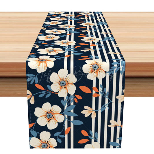 Lofaris Classic Stripe and Floral Table Runner in Navy Blue for Traditional Dining Room Holiday Decor