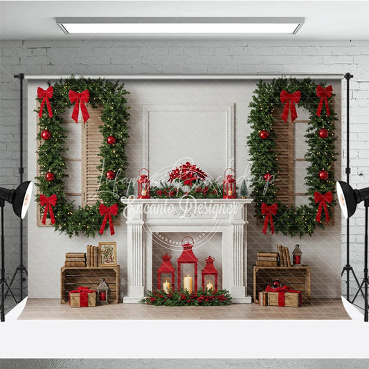Lofaris Classic White Christmas Fireplace Photography Backdrop Wreath Framed Windows with Red Bows Elegant Holiday Background