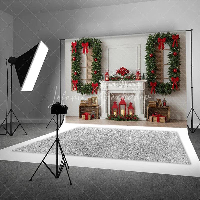 Lofaris Classic White Christmas Fireplace Photography Backdrop Wreath Framed Windows with Red Bows Elegant Holiday Background