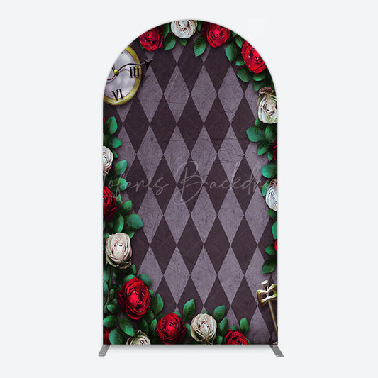 Lofaris Clock Leaves White Red Rose Rhombus Arch Backdrop