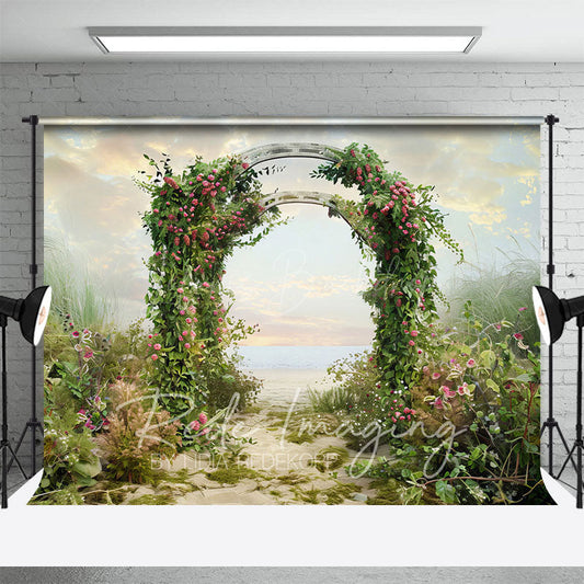Lofaris Cloud Sky Greenery Floral Arch Wedding Photo Backdrop