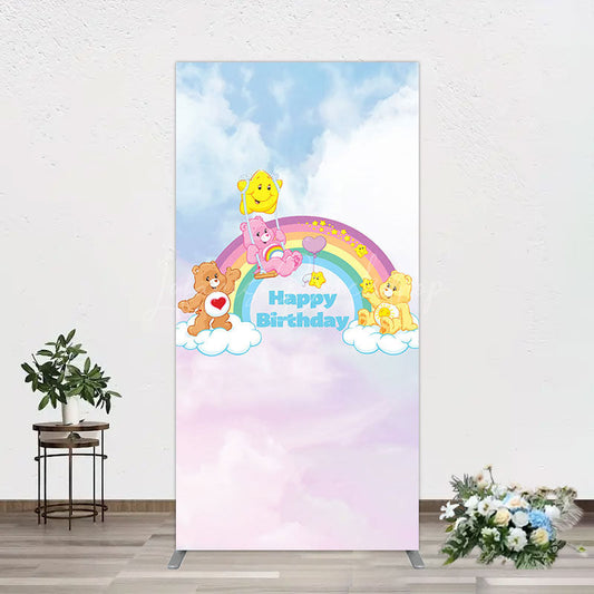 Lofaris Clouds Rainbow Cute Bear Happy Birthday Rectangle Backdrop