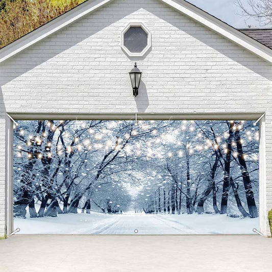 Lofaris Cloudy Snow Trees Light Boulevard Garage Door Banner
