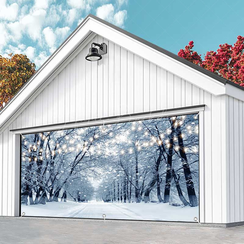 Lofaris Cloudy Snow Trees Light Boulevard Garage Door Banner
